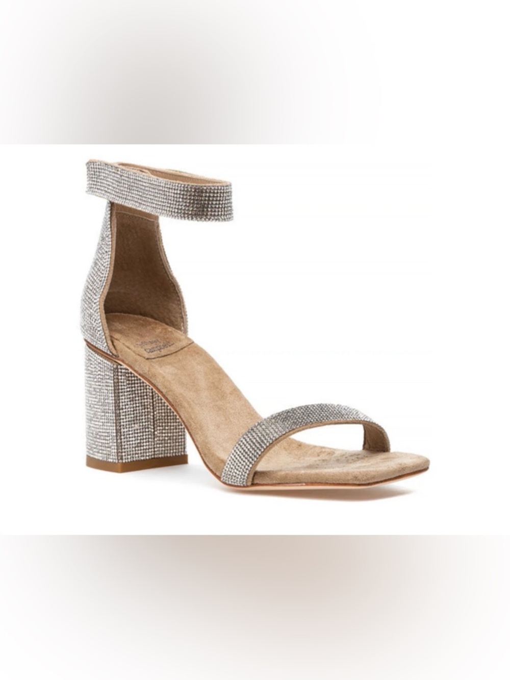 Jeffrey Campbell Klarissa Nude Suede Champagne Crystal Block Heel Sandal Sz. 8.5